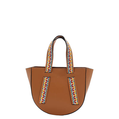 brown leather tote bag with guitar boho strap #color_rainbow-camel
