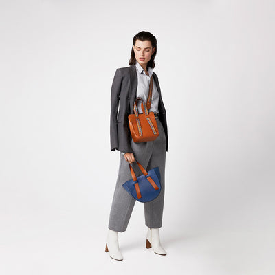 leather tote bags in blue and brown leather