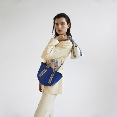 blue leather tote bag with guitar boho strap #color_boho-greek-royal-blue