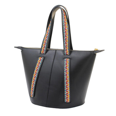 black leather large bucket bag #color_black-rainbow-boho