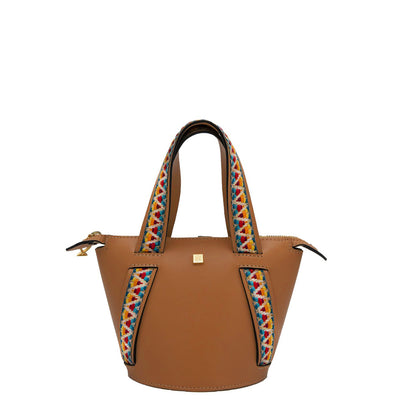 brown leather bucket bag with boho strap #color_rainbow-camel