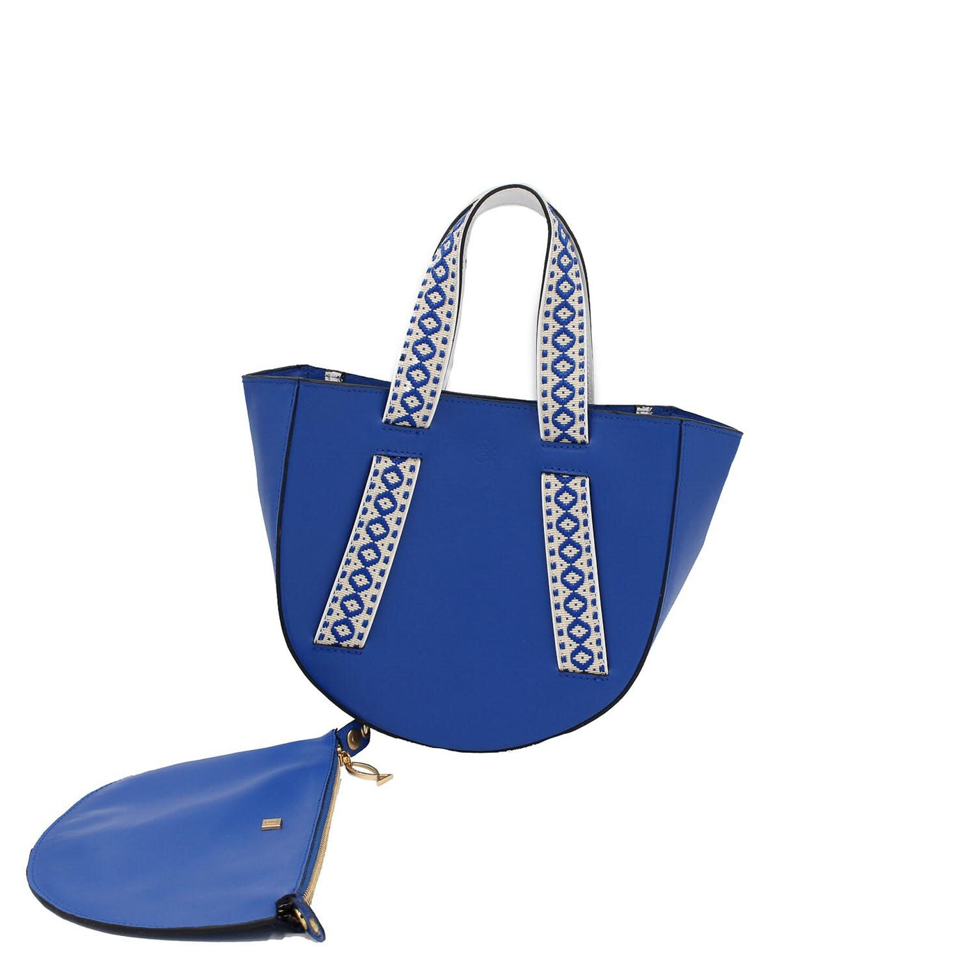 blue leather tote bag with guitar boho strap #color_boho-greek-royal-blue