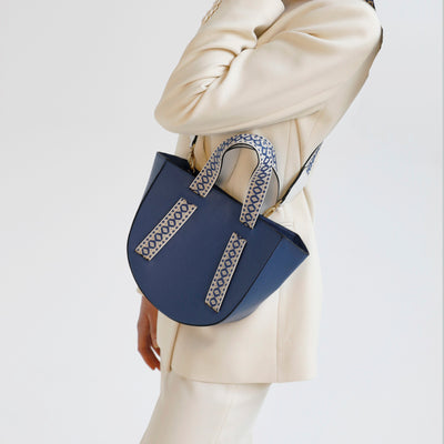 blue leather tote bag with guitar boho strap #color_boho-greek-aegean-blue