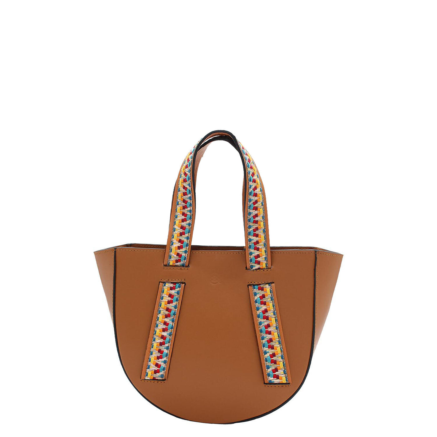 brown leather tote bag with guitar boho strap #color_rainbow-camel